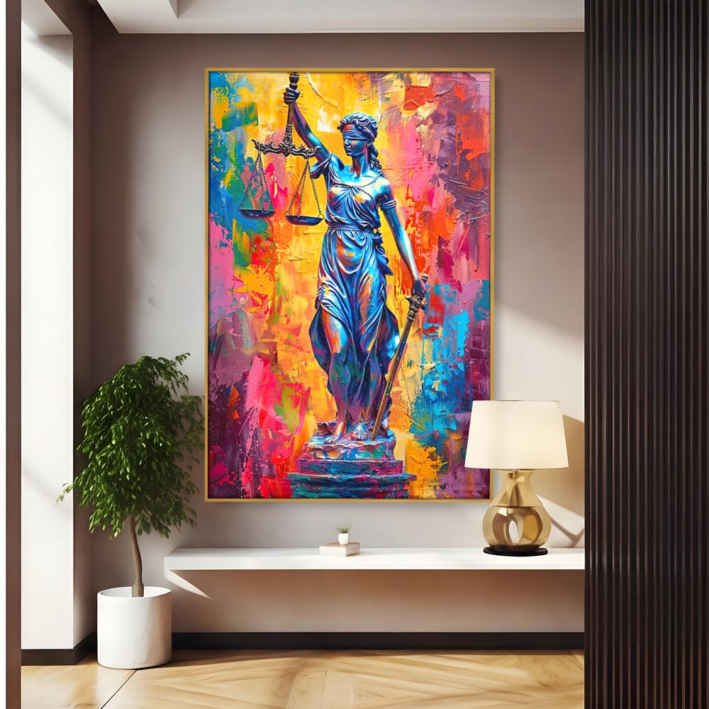 Tablou canvas cu tablou canvas cu zeita justitiei, in rama de aluminiu auriu